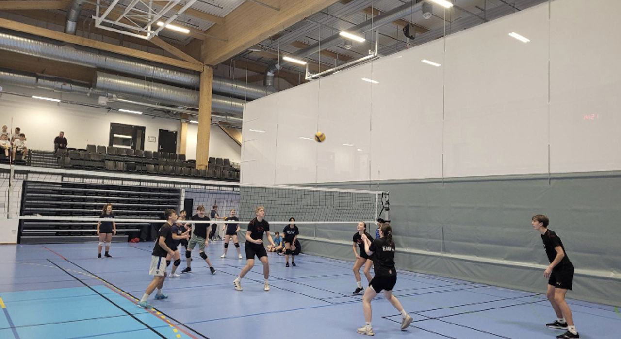 Fleire elevar spelar volleyball.