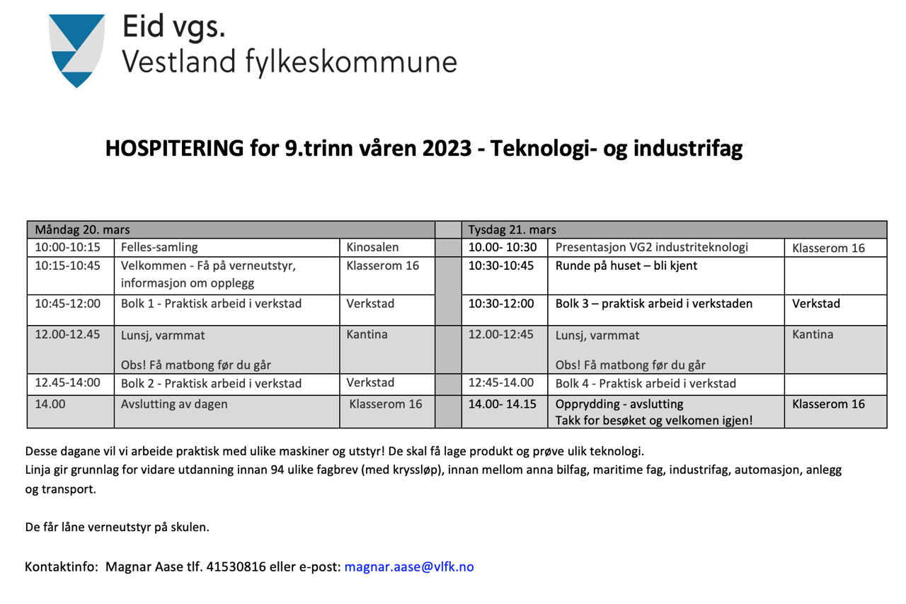 Bilete av ein tabell om informasjon over hospiteringsdagane ved skulen på utdanningsprogrammet TIF.