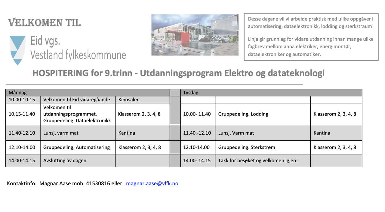 Bileta av ein tabell med info rundt kva som skjer på hospiteringsdagane på elektro.